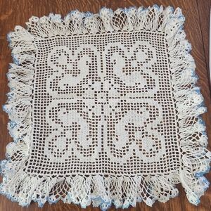 Vtg Handmade Crocheted 18"x18" white & blue doily